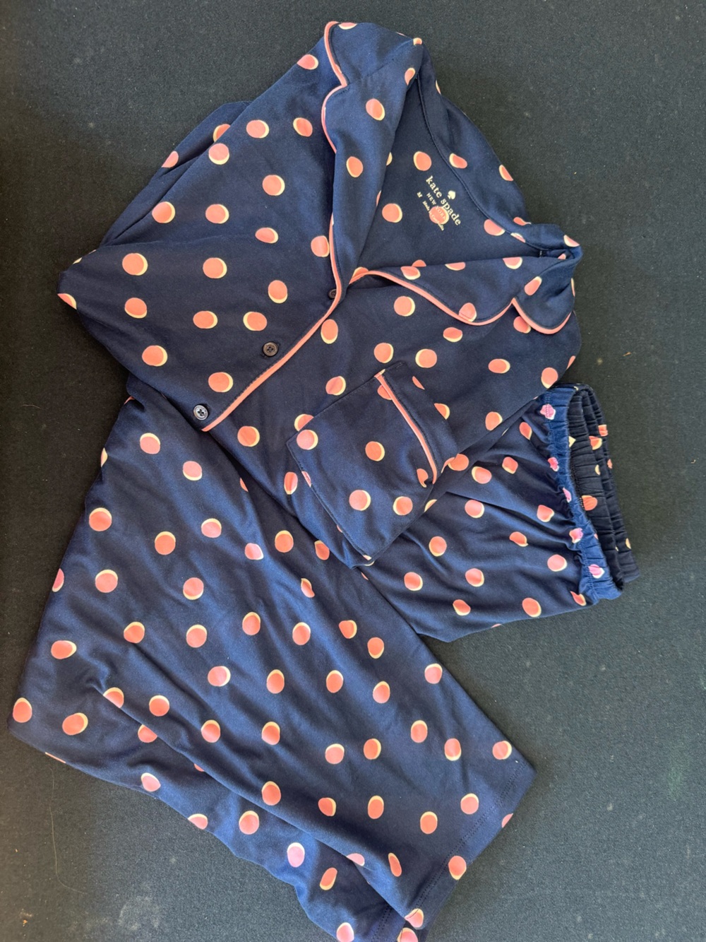 kate spade ♠️ Navy Pajama Top with Pink and Cream Polka Dots, cute comfy &cool!